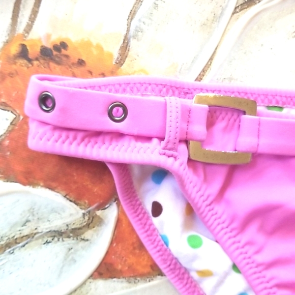 ROXY White Polkadots Lined Belted Boy Shorts Triangle Top Pinks 2 pc Bikini M - Picture 2 of 15